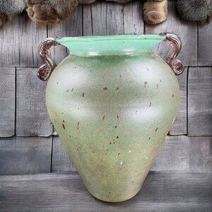 Vintage Blown Glass Vase Vessel Green Textured With Purple Handles Hand Made VTG